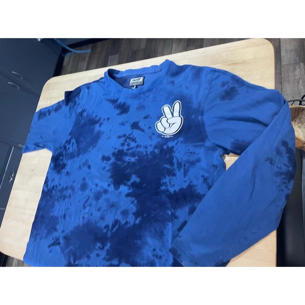 Y2K Neff Blue Tie Die Crew Tee Shirt Mens M Long Sleeve Distressed Skater Grunge